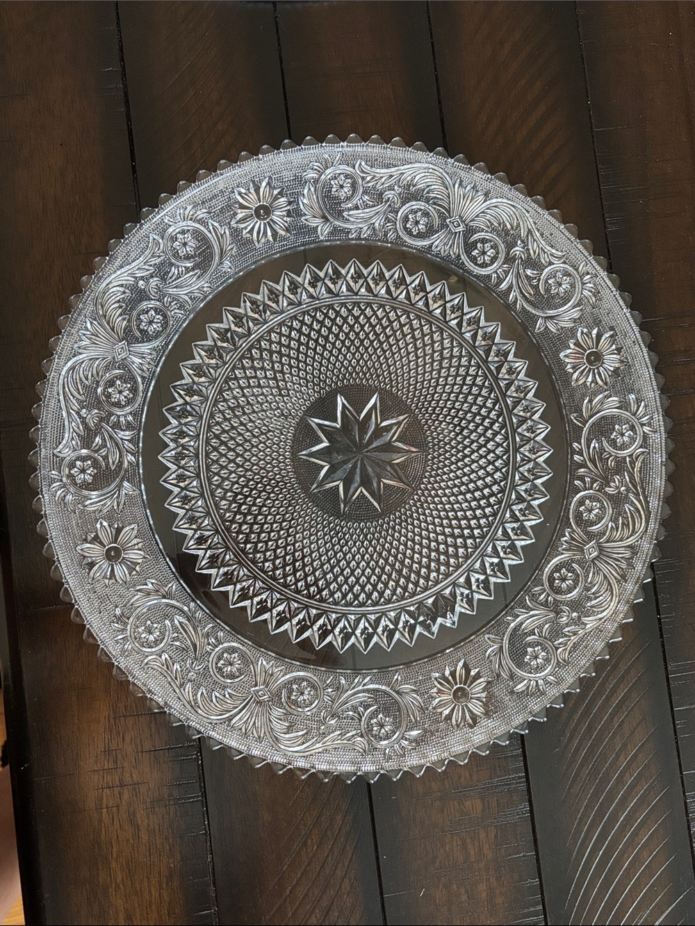 Vintage Pressed Glass Plate with Starburst and Ornate Floral Border